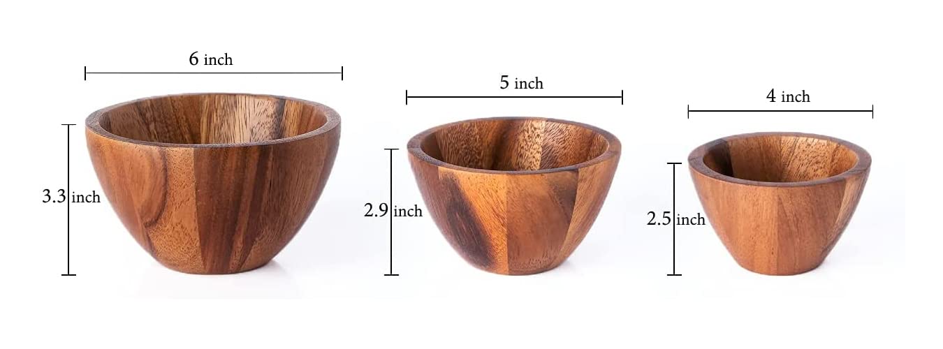 Bestysuperstore Tiny Nesting Round Wood Bowls Mix Size 4 '', 5 '', 6 '' Stackable Acacia Wooden Bowl Set With 3 Spoons For Servi
