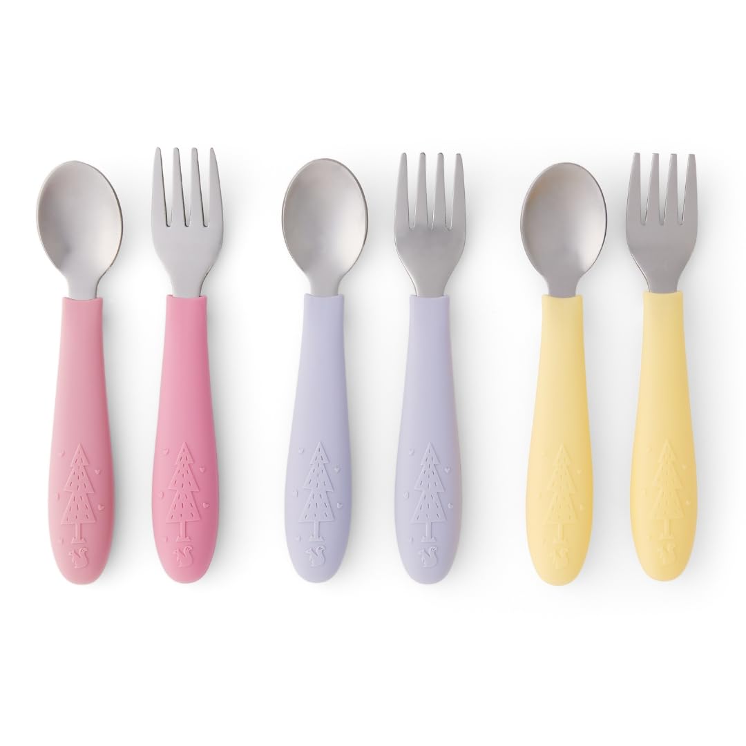 Elk and Friends Kids Silverware with Silicone Handle | Childrens Safe Flatware | Toddler Utensils | Baby Spoons + Forks | Stainl