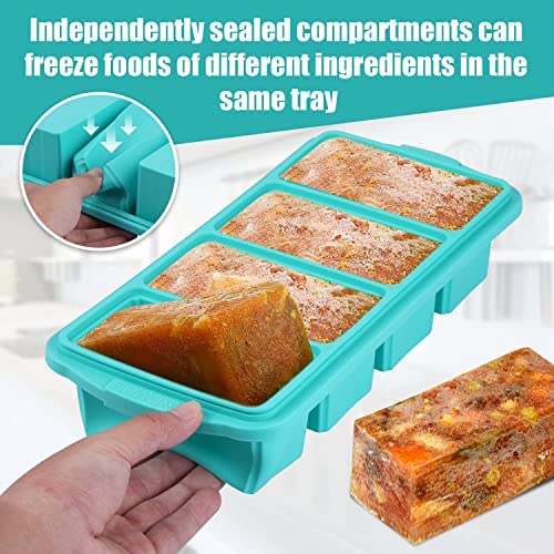 Silicone Freezing Tray With Lid, Large Ice Cube Tray Non-Stick Soup Freezer Container With 4 Compartments For Storing And Freezi