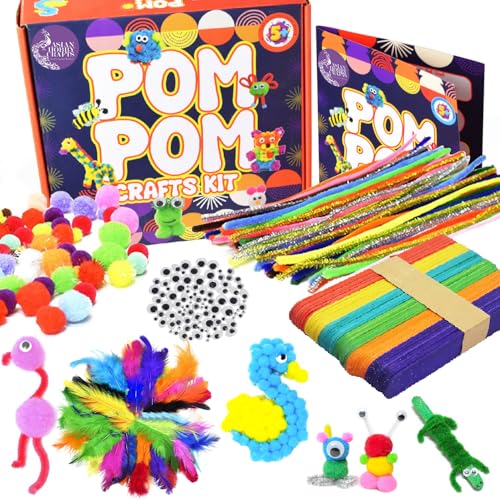 Asian Hobby Crafts Kids Pom Pom Crafts Kit With 250+ Craft Materials/Pipe Cleaners, Googly Eyes, Pompom Balls, Ice Cream Sticks,