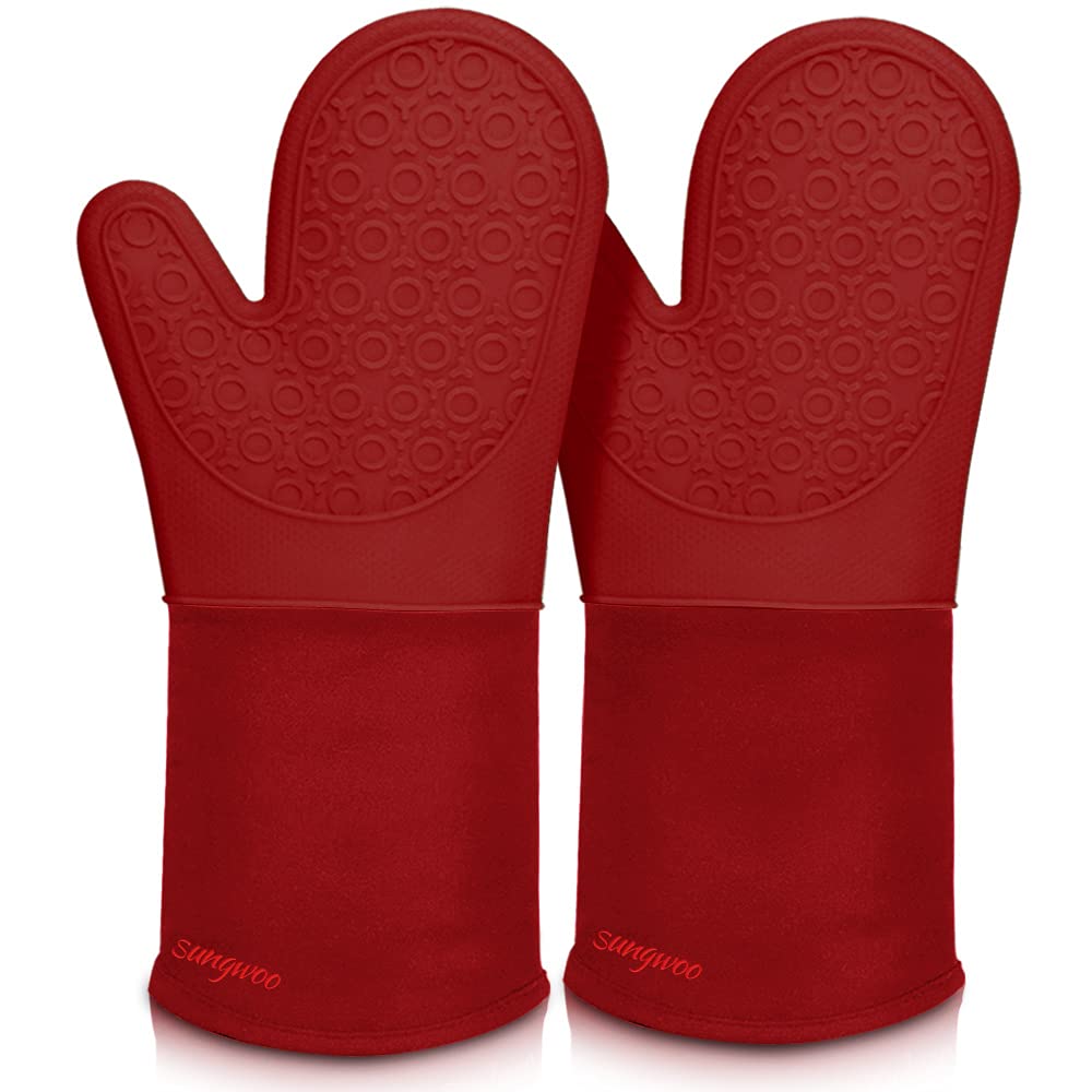 Sungwoo Extra Long Silicone Oven Mitts, Heat Resistant Oven Gloves With Quilted Liner Non-Slip Textured Grip Perfect For Bbq, Ba