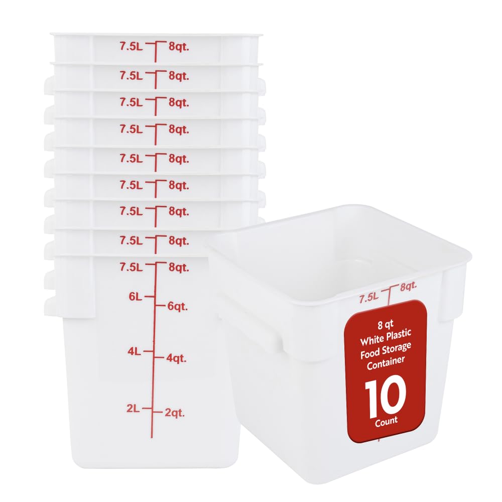 Restaurantware Food Storage Container 10 Pack of 8 qt Plastic Kitchen Storage Bin with Volume Markers Space-Efficient Design Dis