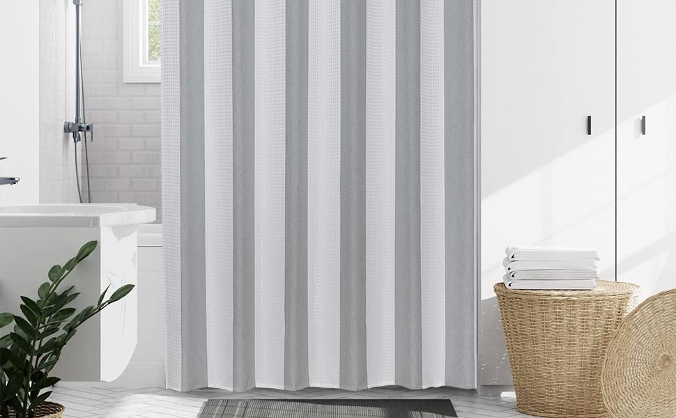 West Lake Waffle Fabric Shower Curtain Gray And White Striped With Weave Textured No Hook Bathroom Curtains Water Resistant Hote