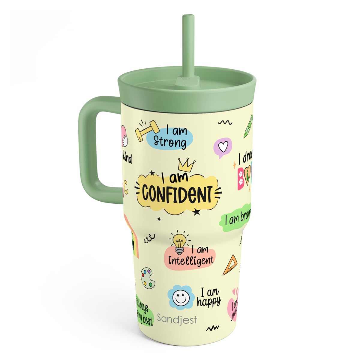 SANDJEST Inspiration Tumbler 20oz with Handle and Silicone Straw Locking Lid for Kid, Girls, Boys Reusable Stainless Steel Water