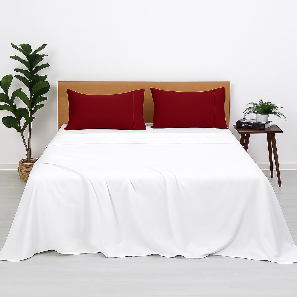 Bhoomi Impex Bedsheets For Queen - 90X102 Inch Bed - Microfiber Plain Burgundy & White Bed Sheet Include Pillow Cover, Ultra Sof