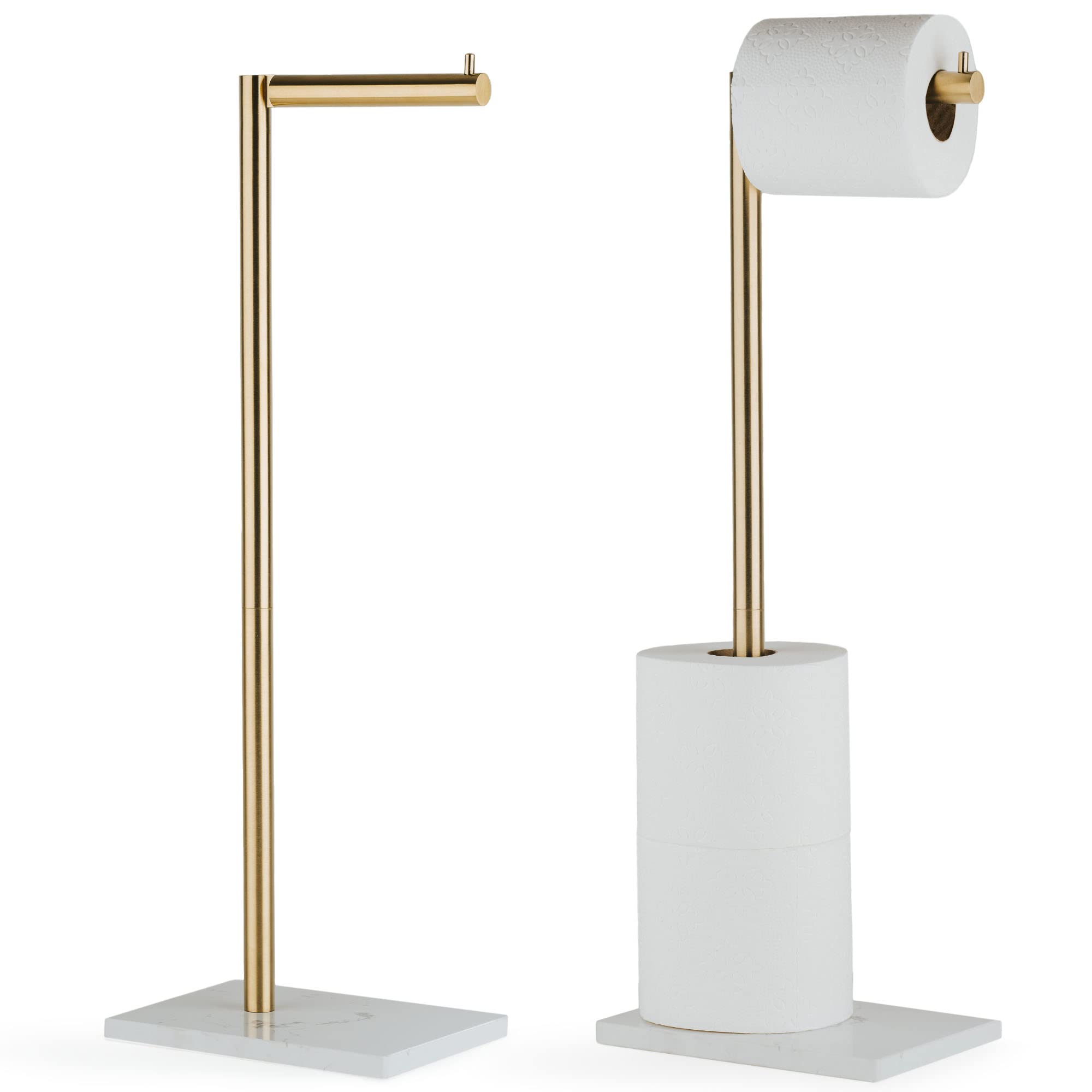 Marmolux Acc Free Standing Gold Toilet Paper Holder Stand White Marble Base And Storage | 4 Jumbo Roll Bathroom Hardware Toilet