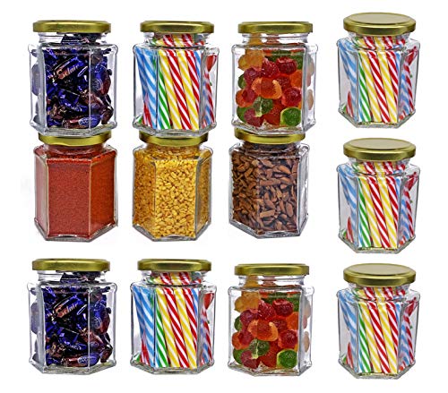 Crystalware Hexagon Glass Jar With Air Tight Metal Cap, 250 Ml (Set Of 12)