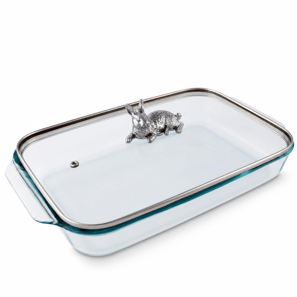 Arthur Court Glass Casserole Dish with Bunny Handle  3 Quart Baking Dish for Spring and Easter  9.25 x 13.5 Inches
