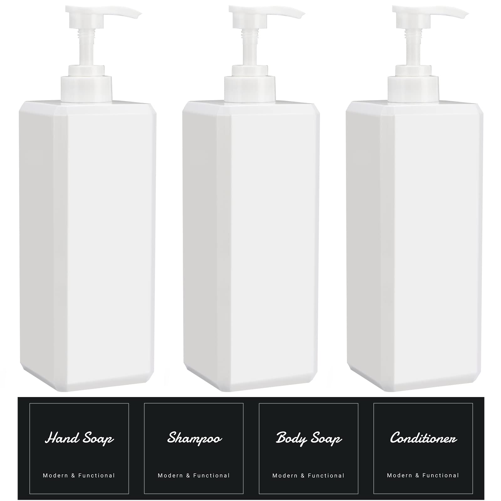 Suream 33.8 Oz Refillable Pump Dispenser Bottle, 3Packs Large Shower Bottle Organizer With 4Pcs Lables For Shampoo, Body Soap, H