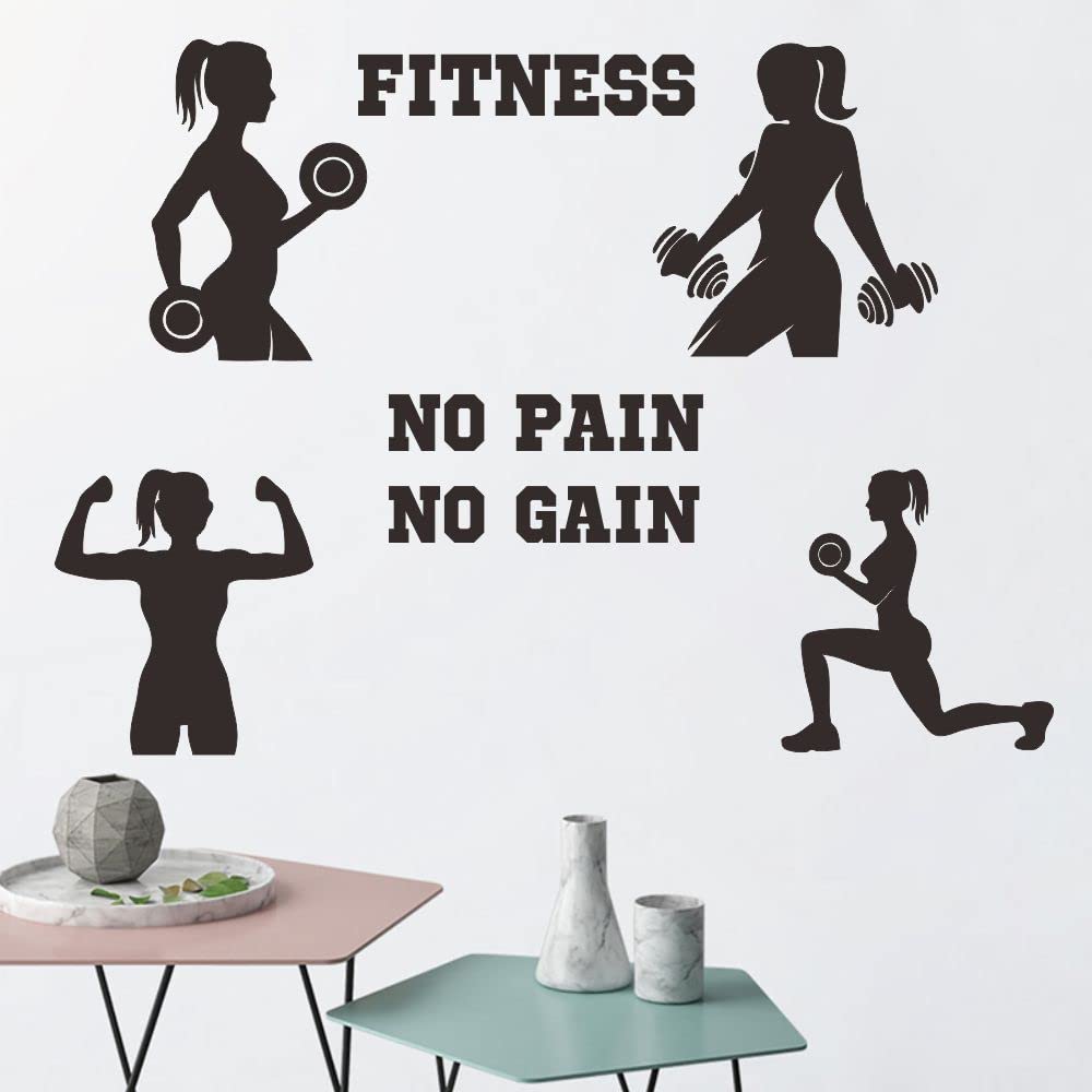 Anfrjji Women Fitness Wall Decal - Pvc Removable Vinyl Sticker - No Pain No Gain Quote With Girl Lifting Weights - Gym And Home