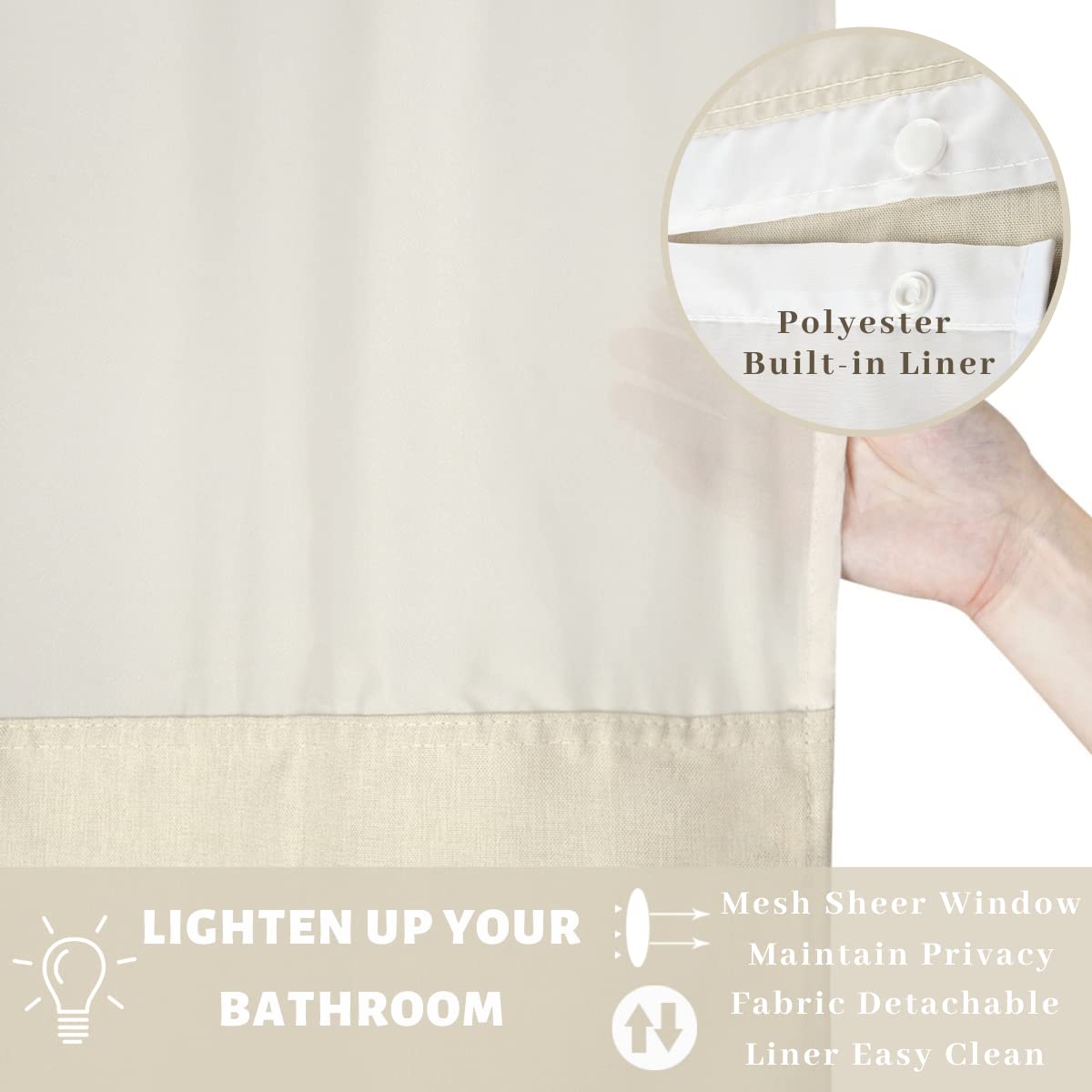 Ecoehoe 71W X74   H Heavy Fabric Hook Free Shower Curtain With Polyester Magnet Snap-In Liner-Top See Through With Mesh Window L