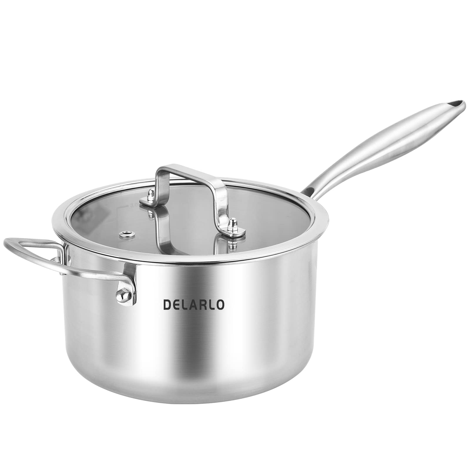 DELARLO Tri-Ply Stainless Steel Saucepan, 3.5 QT Saucepan with Lid, All Stove Compatible 600?, Induction Sauce Pot, Heavy Duty S