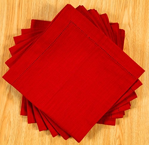 Gfi Linen Clubs 100% Cotton Slub Linen Look Metered Corner Hemstitch Napkin,Set Of 6 (Red, 18''X18'')