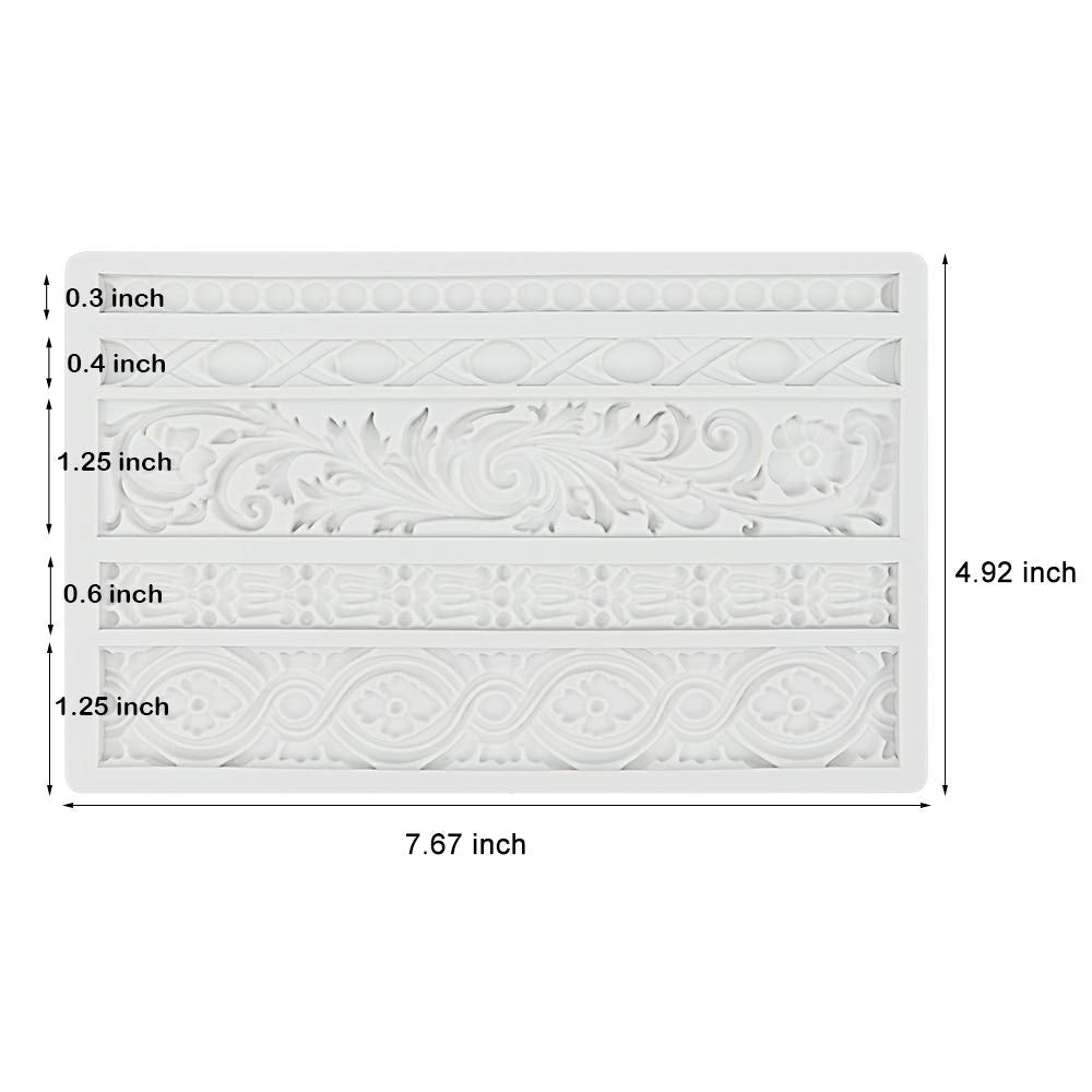 Palksky Diy Baroque Scroll Relief Cake Border Silicone Mold/Vintage Curlicues Fondant Molds Flower Frame Edible Lace Mould Mat F