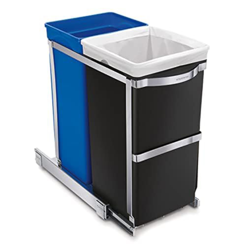 simplehuman Dual Compartment Pull-Out Recycling Bin & Trash Can, 35L, Chrome, Stainless Steel, Model CW1016
