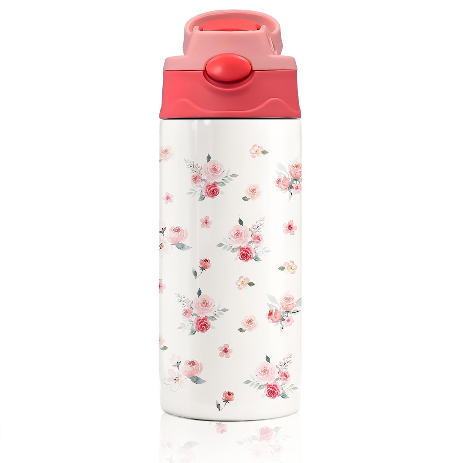 12oz Pink Florals Insulated Water Bottle with Straw & Handle  Stainless Steel Kids Bottle for School, LeakProof, DoubleWall V
