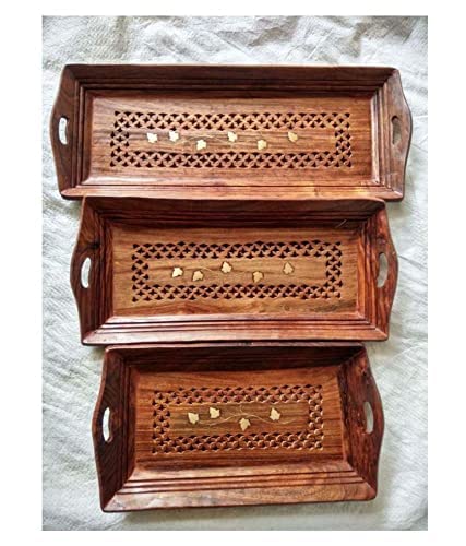 As Wooden Handicraft Wooden Serving Tray Set Of 3 With Brass Work, Serving Platters And Trays For Party, Food And Tea Wooden Dec