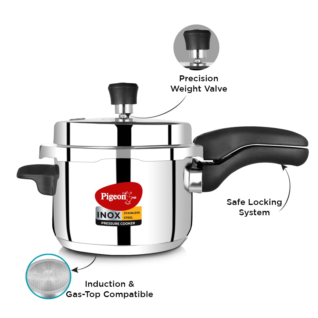 Pigeon Pressure Cooker - 5 Quart - Inox Stainless Steel Outer Lid Stovetop & Induction Base - Cook delicious food in less time: