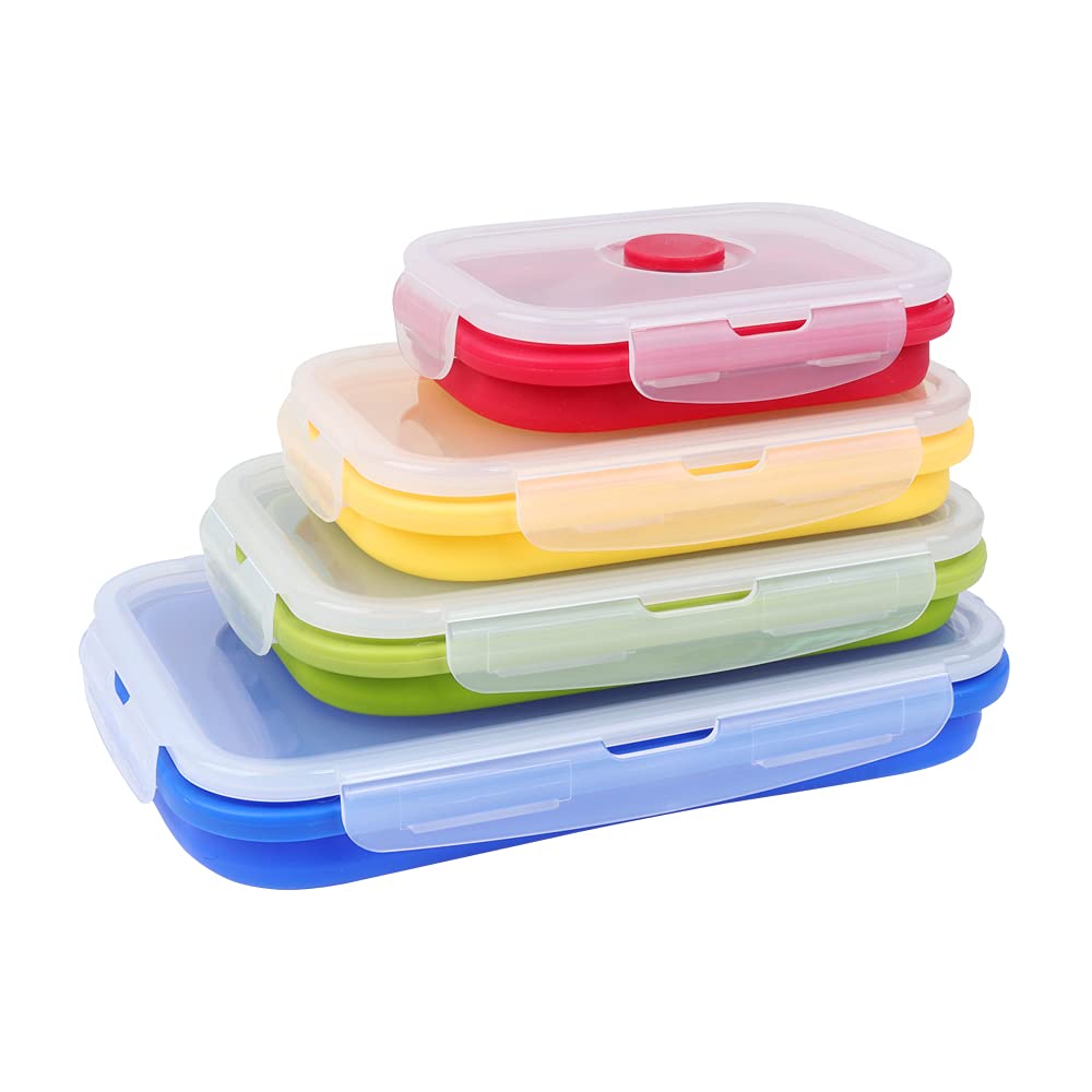 Vigind Set Of 4 Collapsible Foldable Silicone Food Storage Container, Leftover Meal Box With Airtight Plastic Lids For Kitchen,