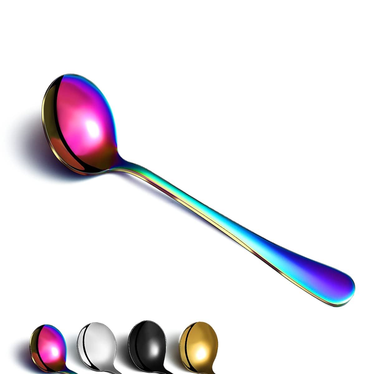 Rainbow Soup Spoon Of 4, Berglander 7.5'' Stainless Steel Titanium Plating Shiny Mutilcolor Round Spoons Silverware, Colorful Ta