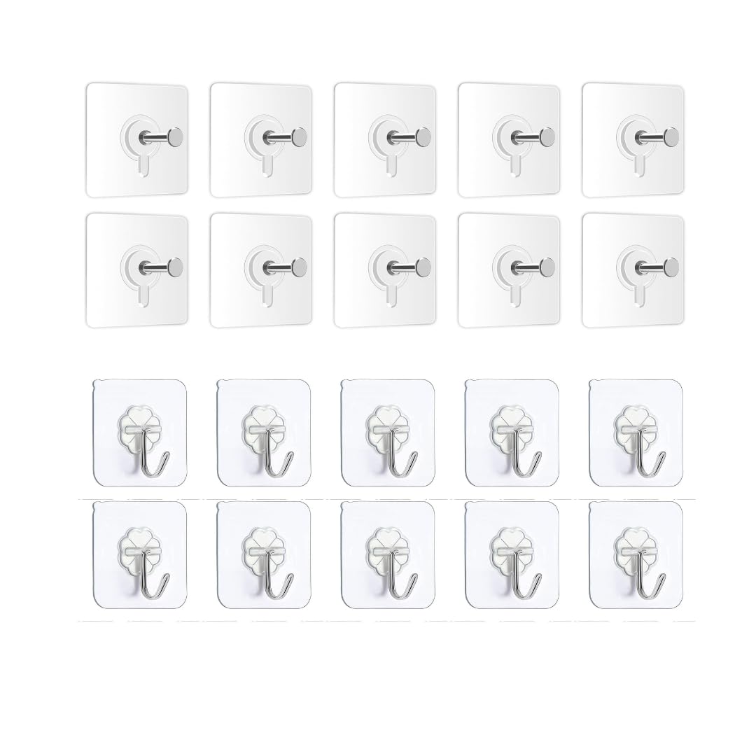 Kashival Self Adhesive Wall Hooks Pack Of 20 (10 Flat + 10 Hanging) | Transparent Pvc & Stainless Steel Hooks | Waterproof No Dr