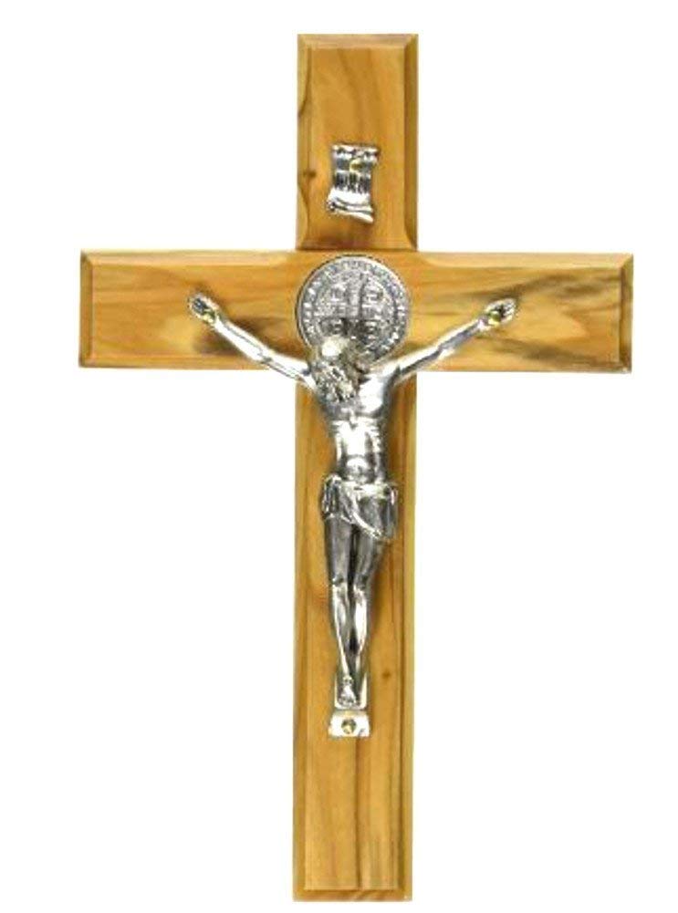 Holy Land Market Saint Benedict Wall Crucifix Handmade Silver Tone Corpus (10 Inches)