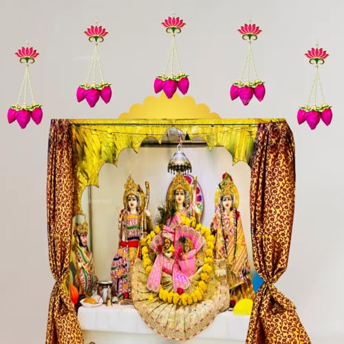 Divyakosh Handmade Lotus Buds Hanging, Pack Of 5, Size 16 Inch, Pooja Room Decoration Items, Solawood Hangings For Mandir, Lotus