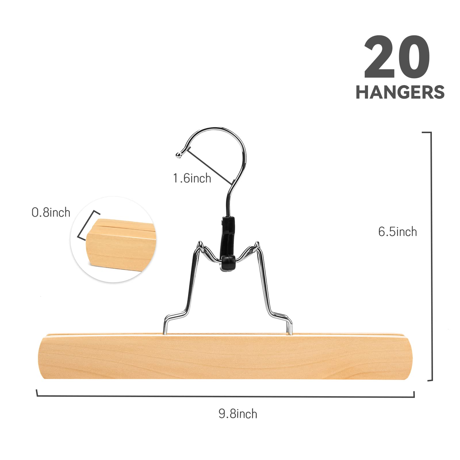 Nature Smile Wooden Pants Skirt Hangers, Smooth Finish Solid Wood Non Slip Jeans Slack Clamp Hangers Hair Extension Hangers(20Pc