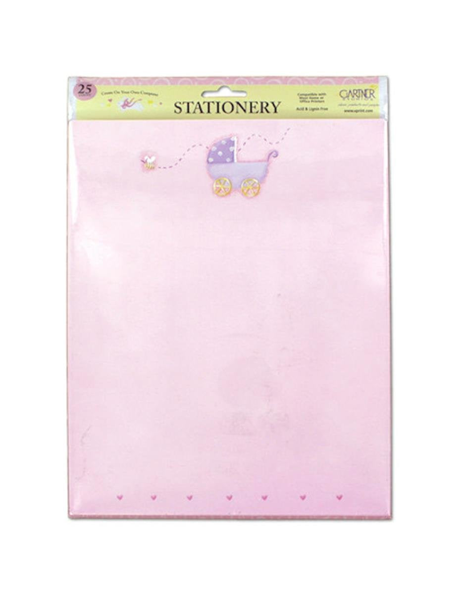25 Pack Baby Carriage W/Hearts Pink Stationery