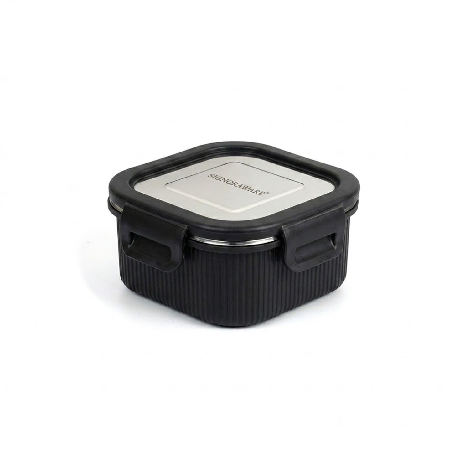 Signoraware Lock N Store Microsafe Stainless Steel Square Container With Steel Lid,(400Ml, Black), Airtight & Leakproof Lid, Mic