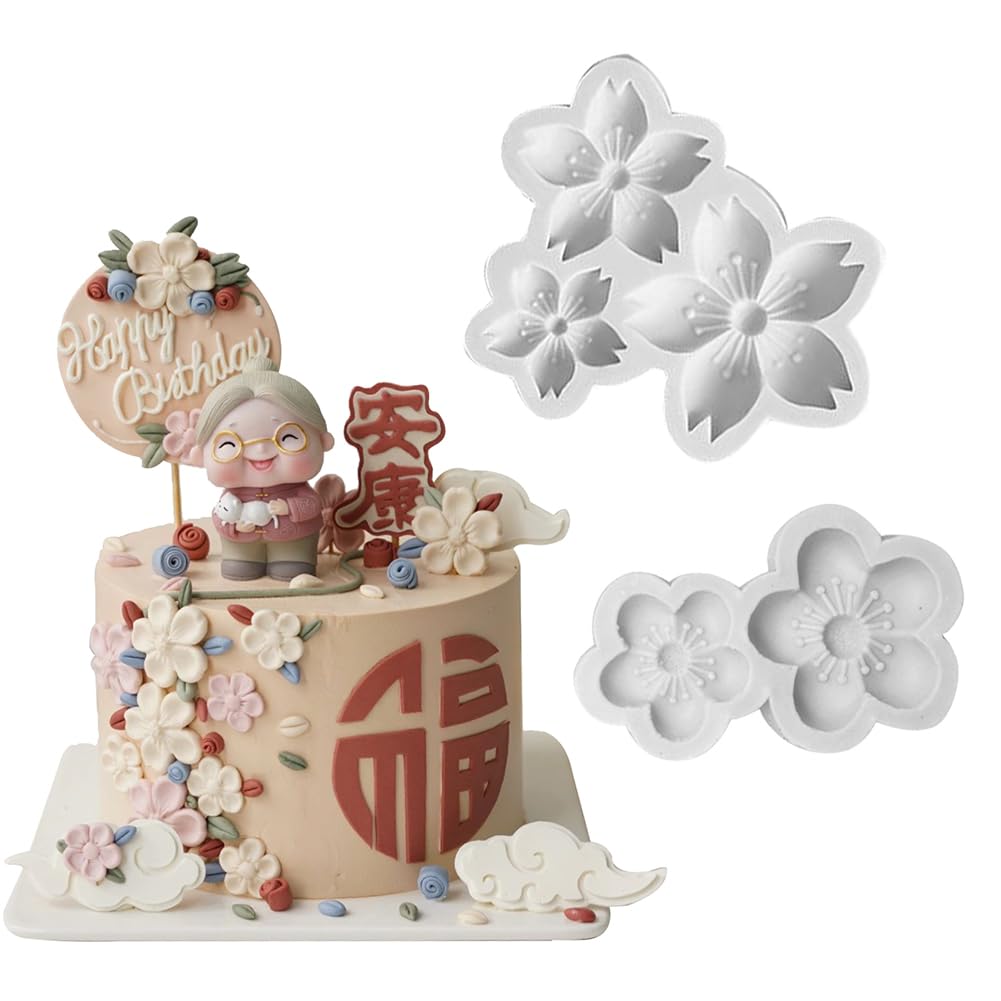 Kalaien Cherry Blossom Silicone Fondant Mold 2Pcs For Diy Cake Decoration Cupcake Topper Sugar Craft