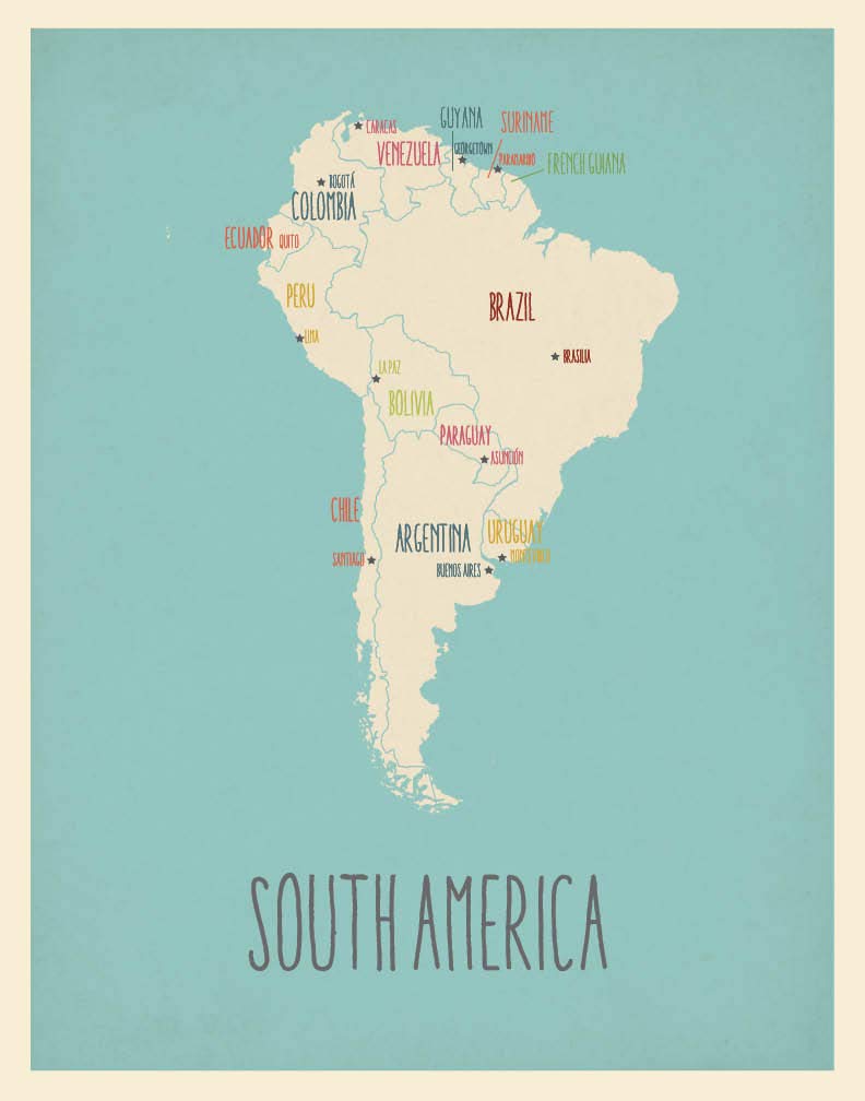 Map Of South America - South America Minimalist Map Poster (Blue)- South America Map Abstract Wall Art Print (11    X 14   ) For