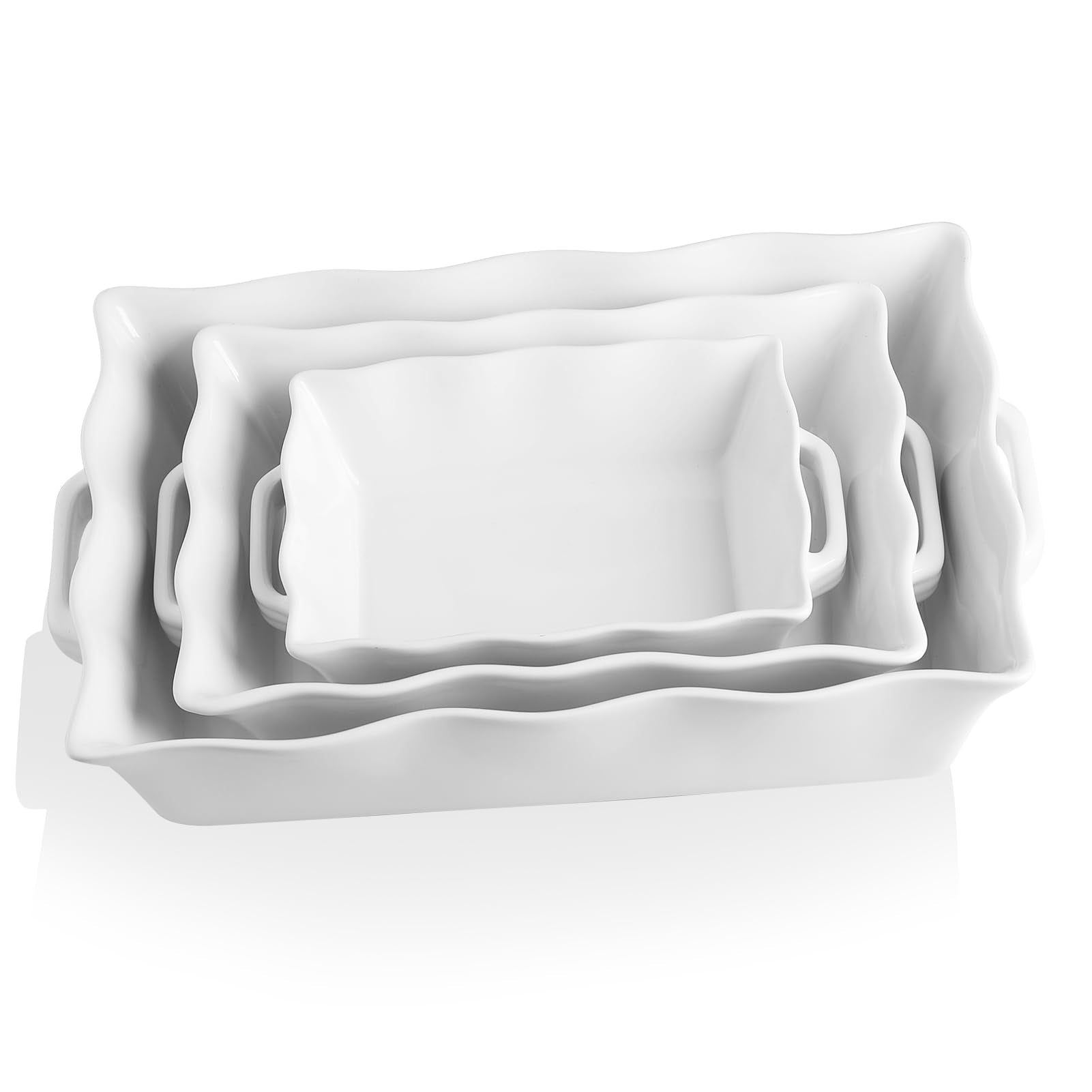 Sweejar Casserole Dishes for Oven, Ceramic Bakeware Set of 3, Rectangular Baking dish with Handles, Wave Edge Lasagna Pan Deep f