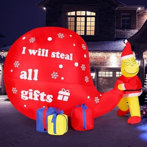 8FT Christmas Inflatable Green Monster Decoration -  I Will Steal All Gifts  Funny Holiday Yard Decor with LED Lights, Suitable