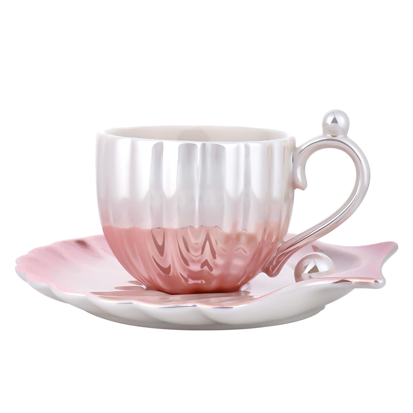 Biiange Pearl Shell Ceramic Coffee Cup and Saucer Set, Creative Pearl Shell Cup, Ceramic Coffee Mug with Saucer for Tea Latte Mi