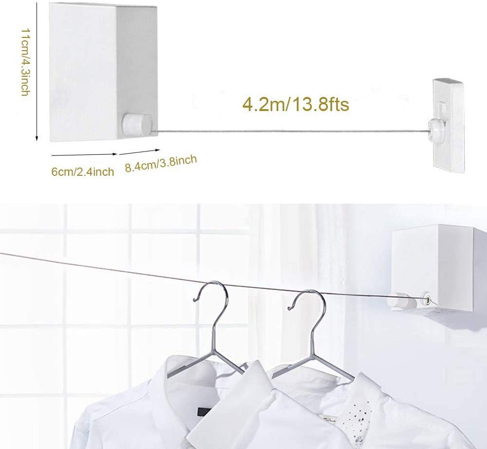 Youngine Indoor Outdoor Retractable Clothesline Wall Mounted Laundry Drying Rack With 4.2M/13.8Ft Steel Rope Adjustable String H