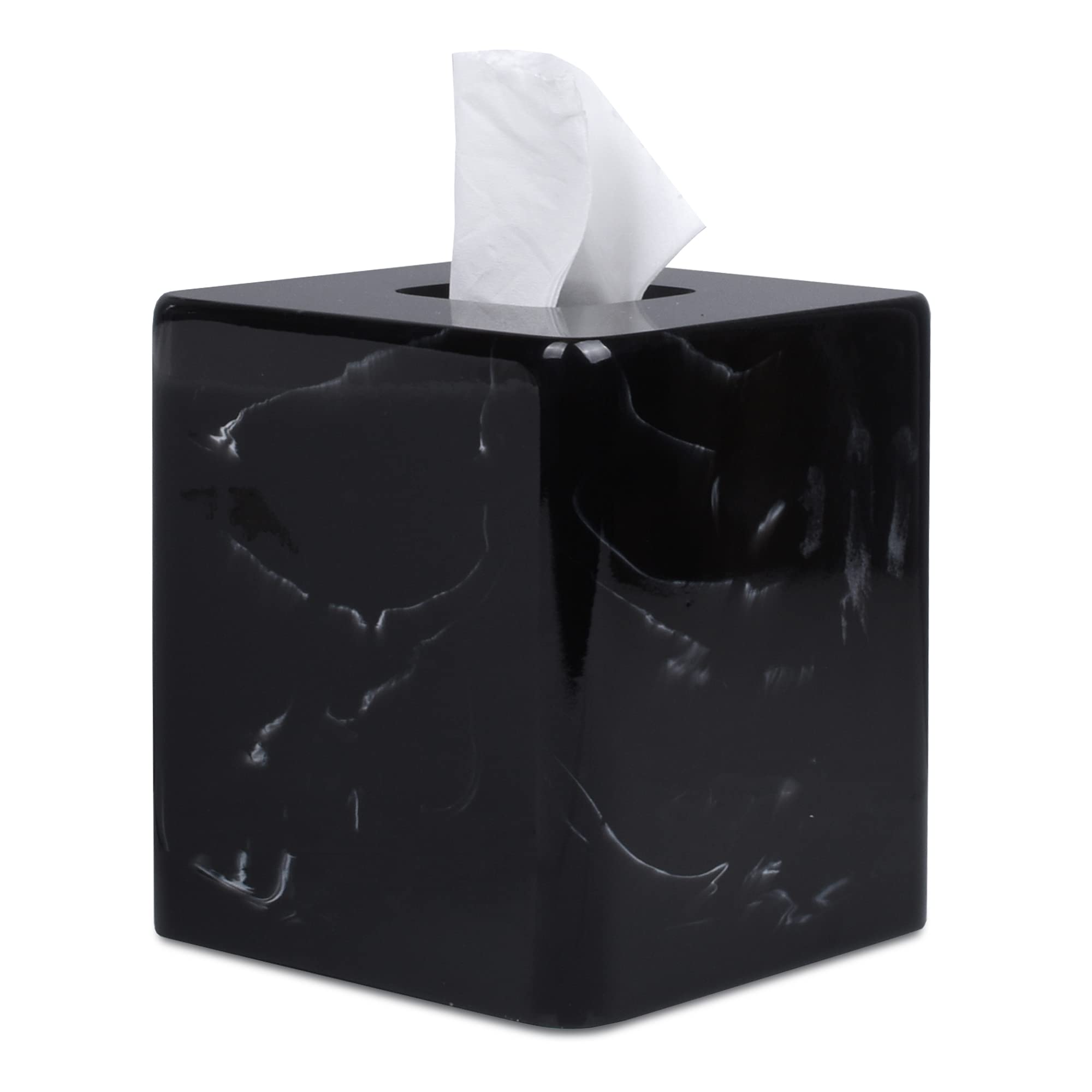 Jungford Square Tissue Box Cover, Facial Napkin Holder For Living Room Office Bathroom, Marble Pattern Made Of Resin (Black)