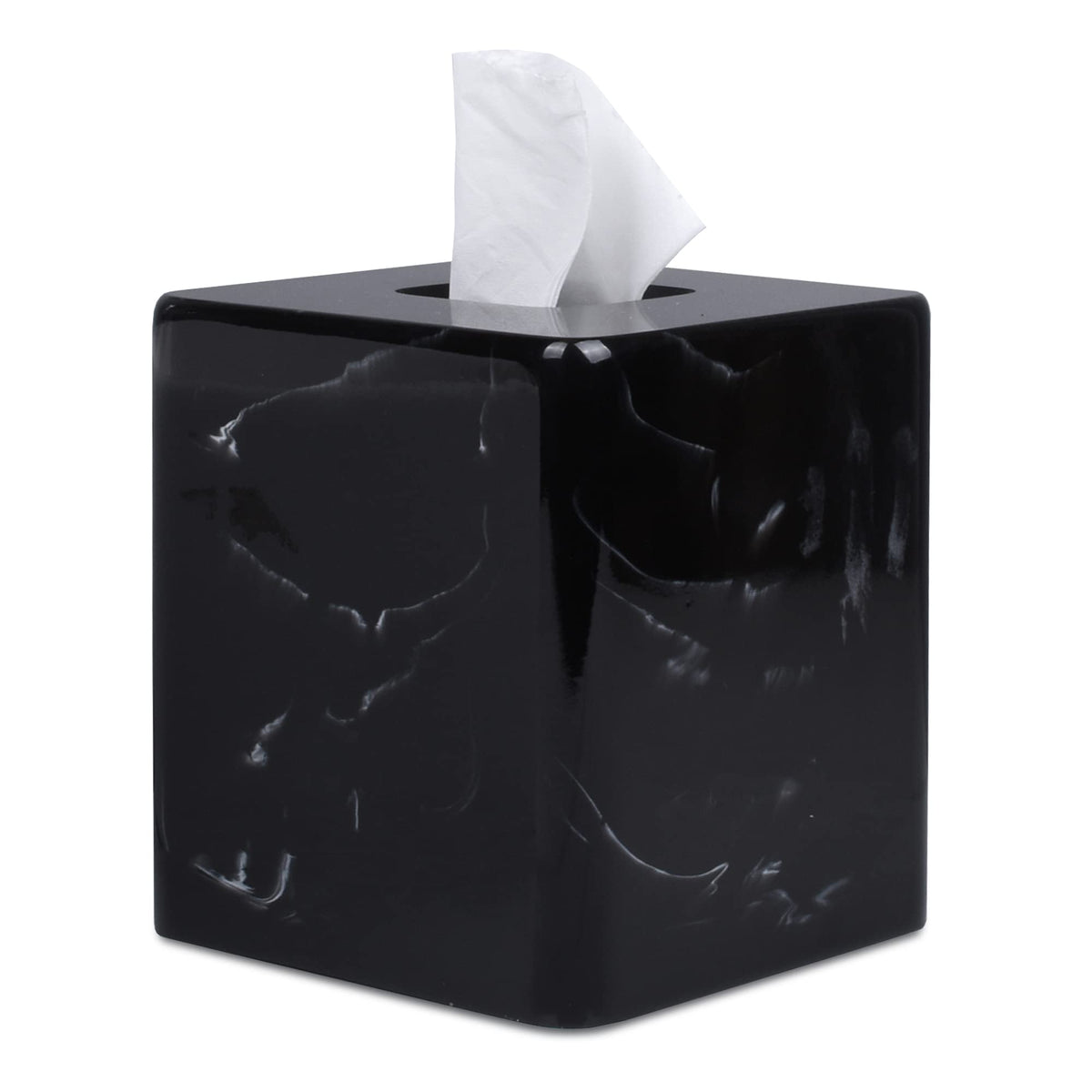 Jungford Square Tissue Box Cover, Facial Napkin Holder For Living Room Office Bathroom, Marble Pattern Made Of Resin (Black)