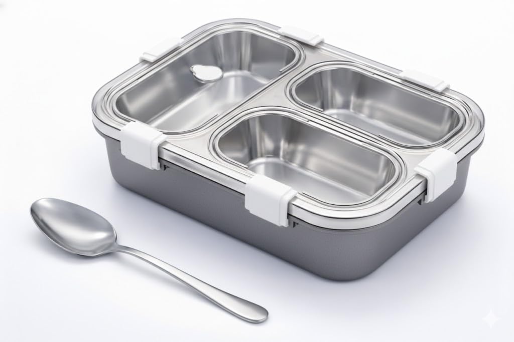 Royals Hub 3 Compartment Lunch Box Insulated Air Tight And Portable Utensils, Stainless Steel 100% Leak Proof With A Fork, A Spo