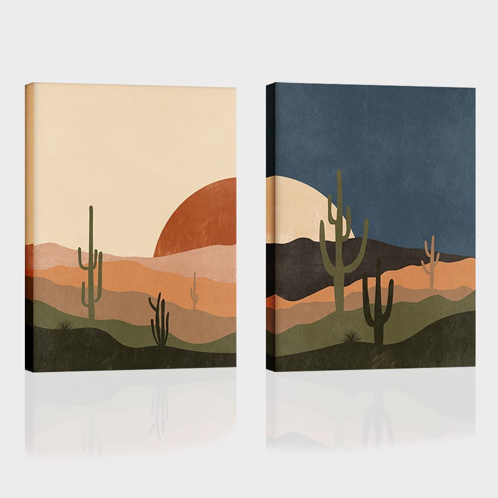 Mid Century Desert Prints Boho Cactus Canvas Prints Sun And Moon Day And Night Canvas Wall Art Modern Abstract Landscape Art For