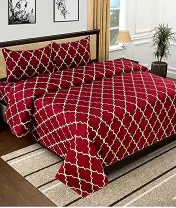 DECORUM 144 TC Glace Cotton Double Bedsheet with 2 Pillow Cover Size (90 X 90) (Red Darbar)