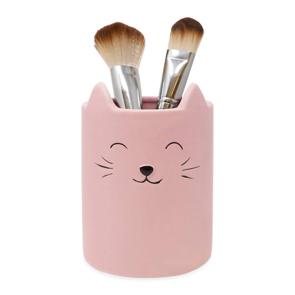Isaac Jacobs Pink Ceramic Cat Makeup Brush Holder, Multi-Purpose Cup Organizer. Bathroom, Kitchen, Bedroom, Office D  Cor (Singl
