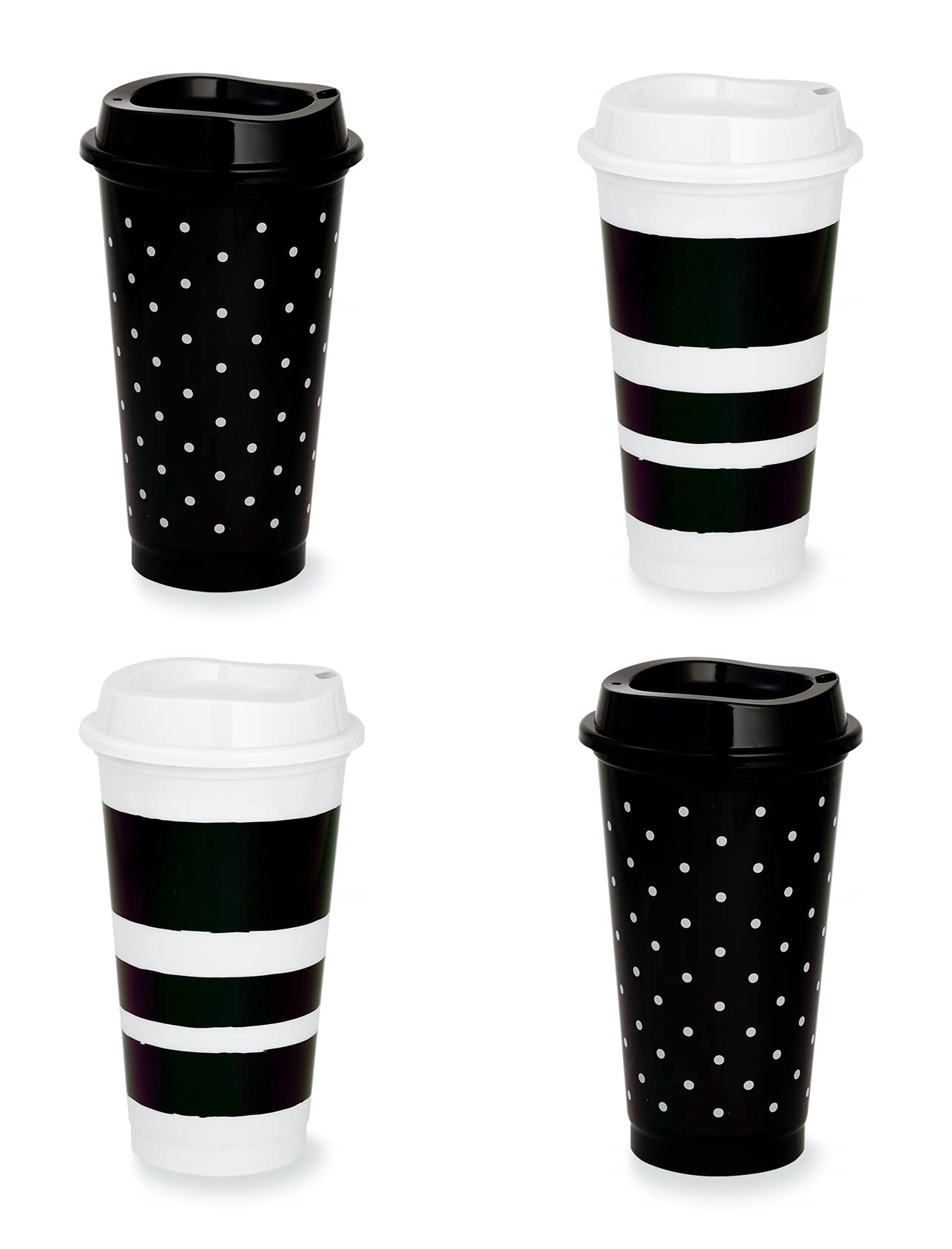 Kate Spade New York Black/White Reusable Coffee Cups With Lids, Travel Tumbler Set Of 4, 16Oz Bpa-Free Plastic Cups With Lids, C
