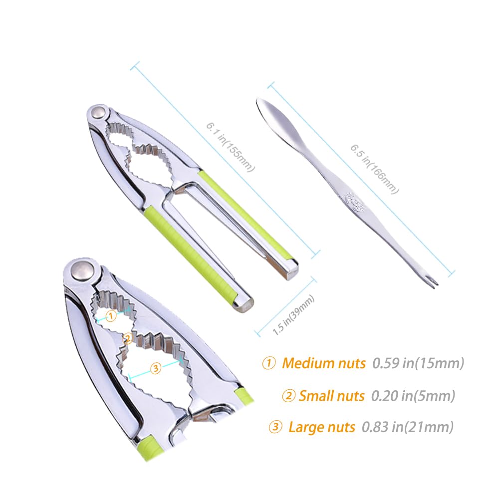 Vicsamer Heavy Duty Nut Cracker Set - 3 Piece Green Seafood Tools with Non-slip Handle & 2 Forks/Picks for All Nuts