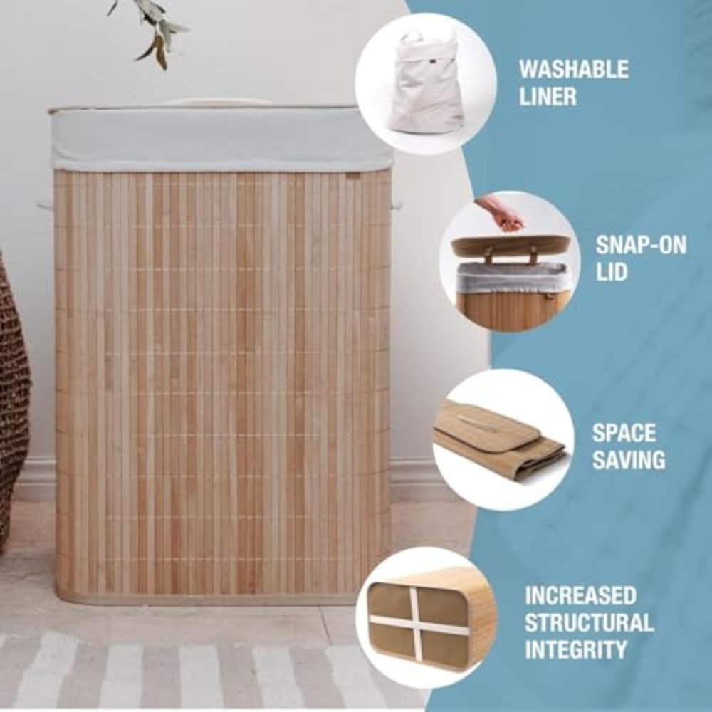 Clevermade Natural Bamboo Hamper Luxe, Single Hamper - 19 Gal (72L) Bamboo Laundry Hamper With Lid And Removable Machine Washabl
