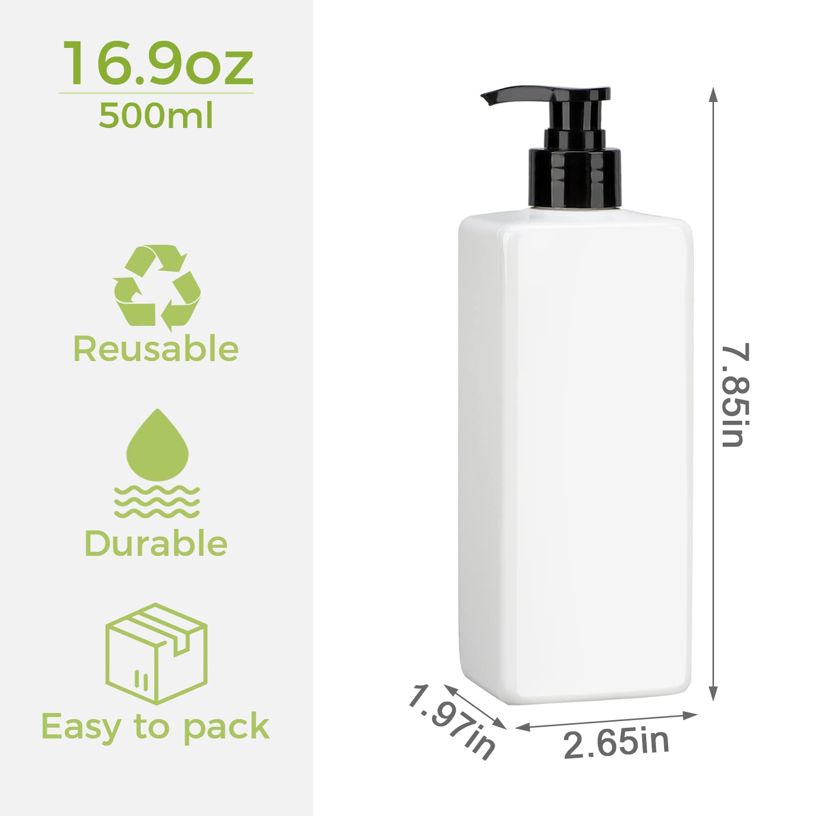 Suream 3Pack Empty Plastic Bottles With Pump, 16.9Oz Refillable Shampoo Bottles For Shower, Lotion Press Dispenser, White Counte