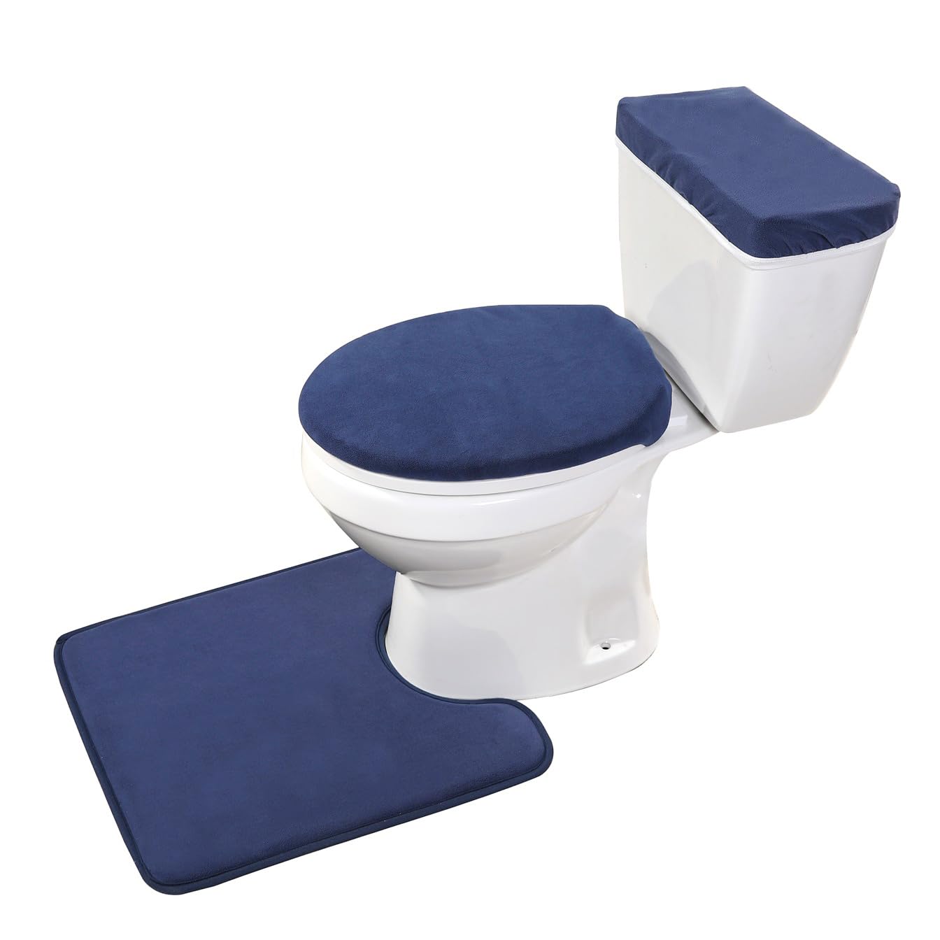 Madeals Memory Foam Toilet Mat And Velvet Toilet Lid Cover Set With Toilet Tank Cover Velvet 3 Piece Toilet Set Navy Blue