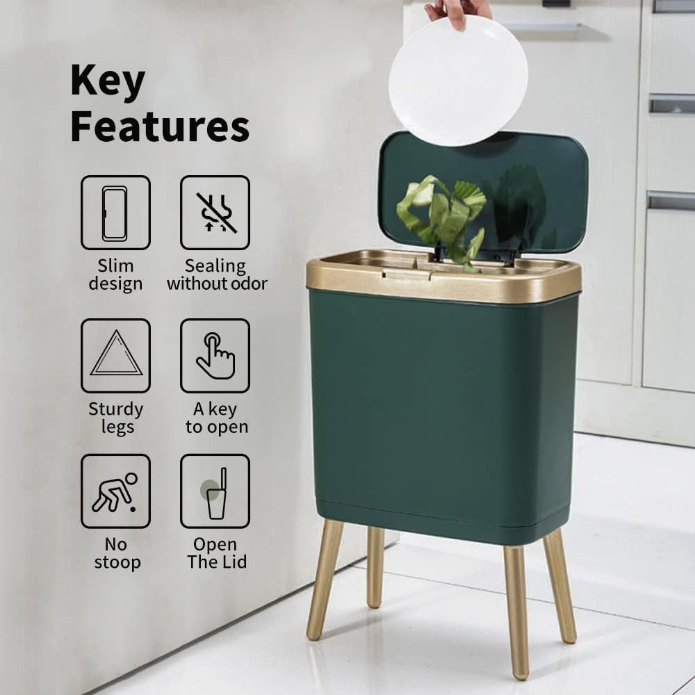 Procade Trash Can With Lid,Small Bathroom Garbage Can With Lid, Plastic Trash Can With Push Button,Narrow Waste Basket For Bedro