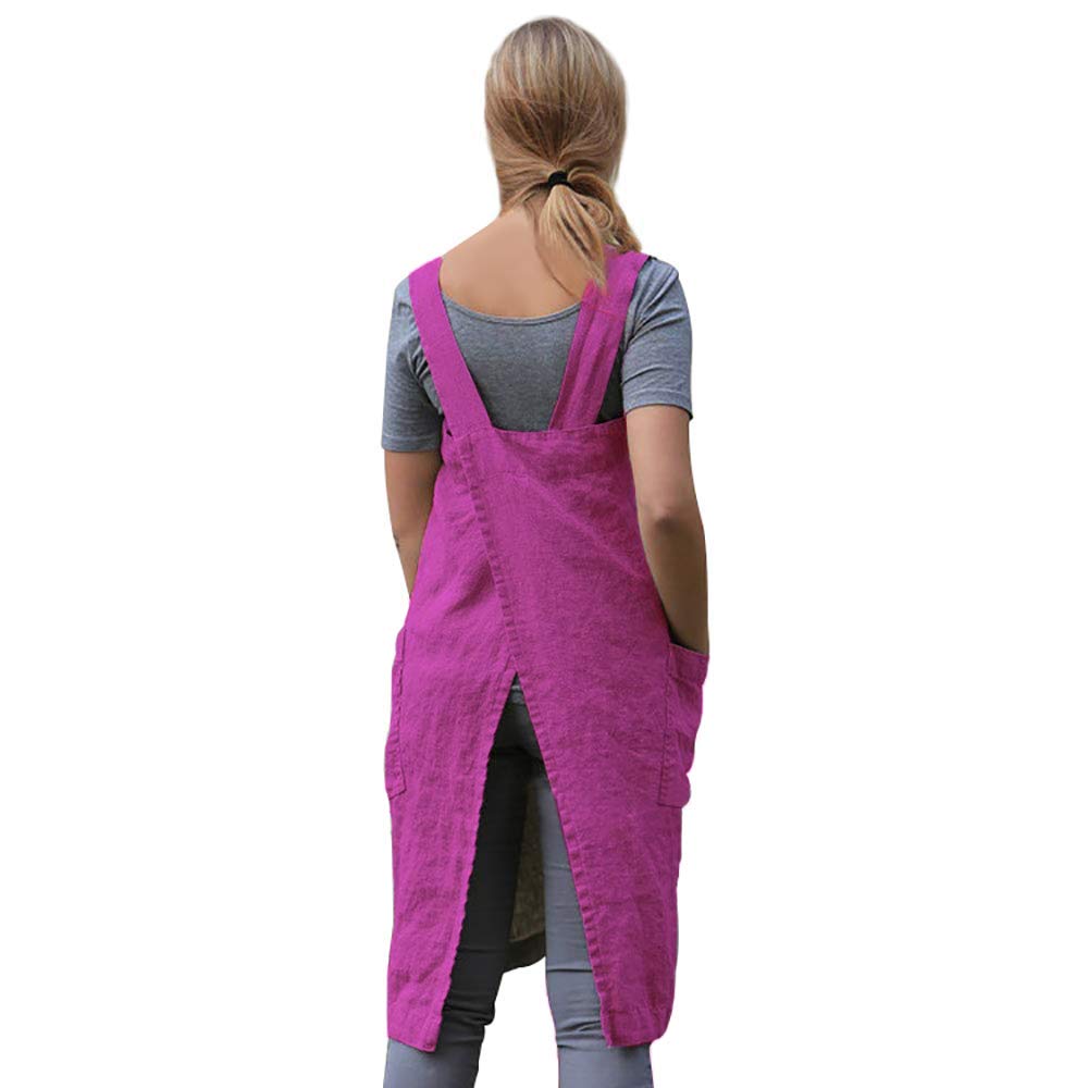 Women'S Pinafore Square Apron Baking Cooking Gardening Works Cross Back Cotton/Linen Blend Dress With 2 Pockets Purple Red-S