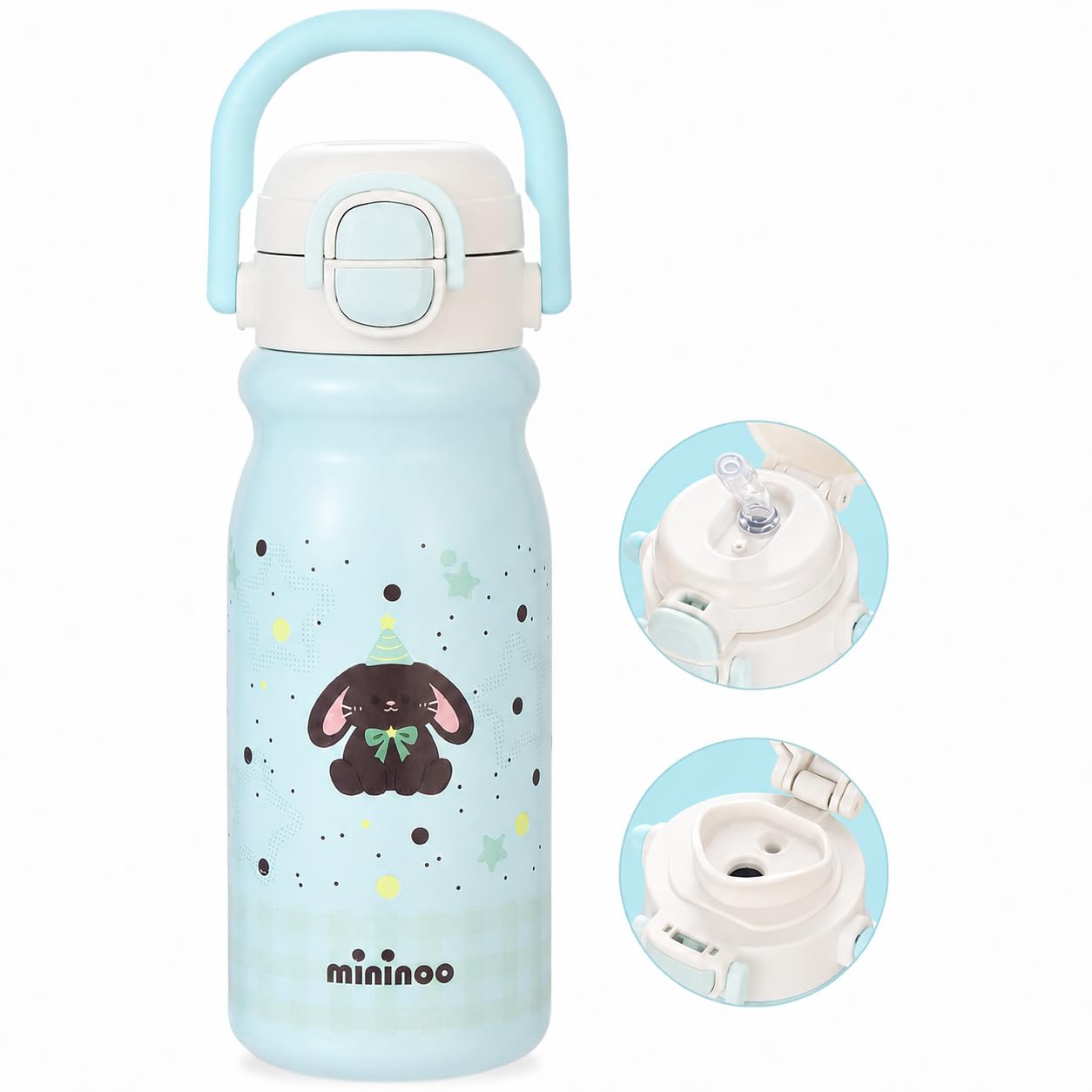 Mininoo 16oz Insulated Stainless Steel Kids Water Bottle for School, Bunny
